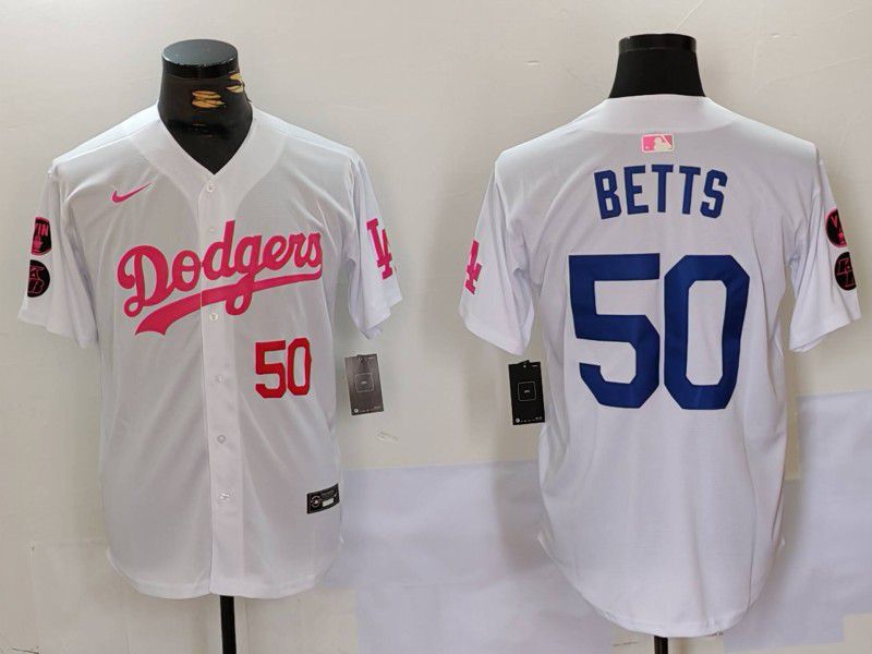 Men Los Angeles Dodgers 50 Betts White pink joint name 2024 Nike MLB Jersey style 2